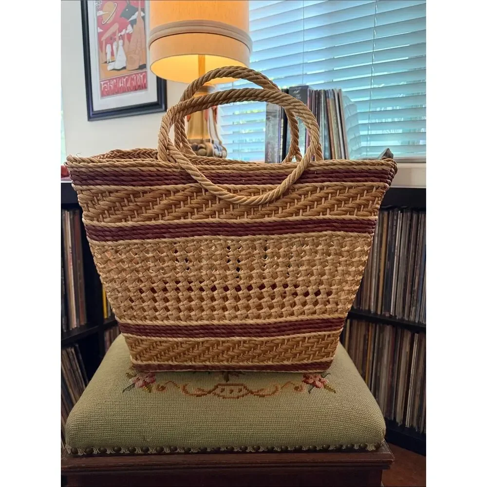 Vintage Large Natural Woven Rattan Wicker Top Handle Market Beach Resort Tote